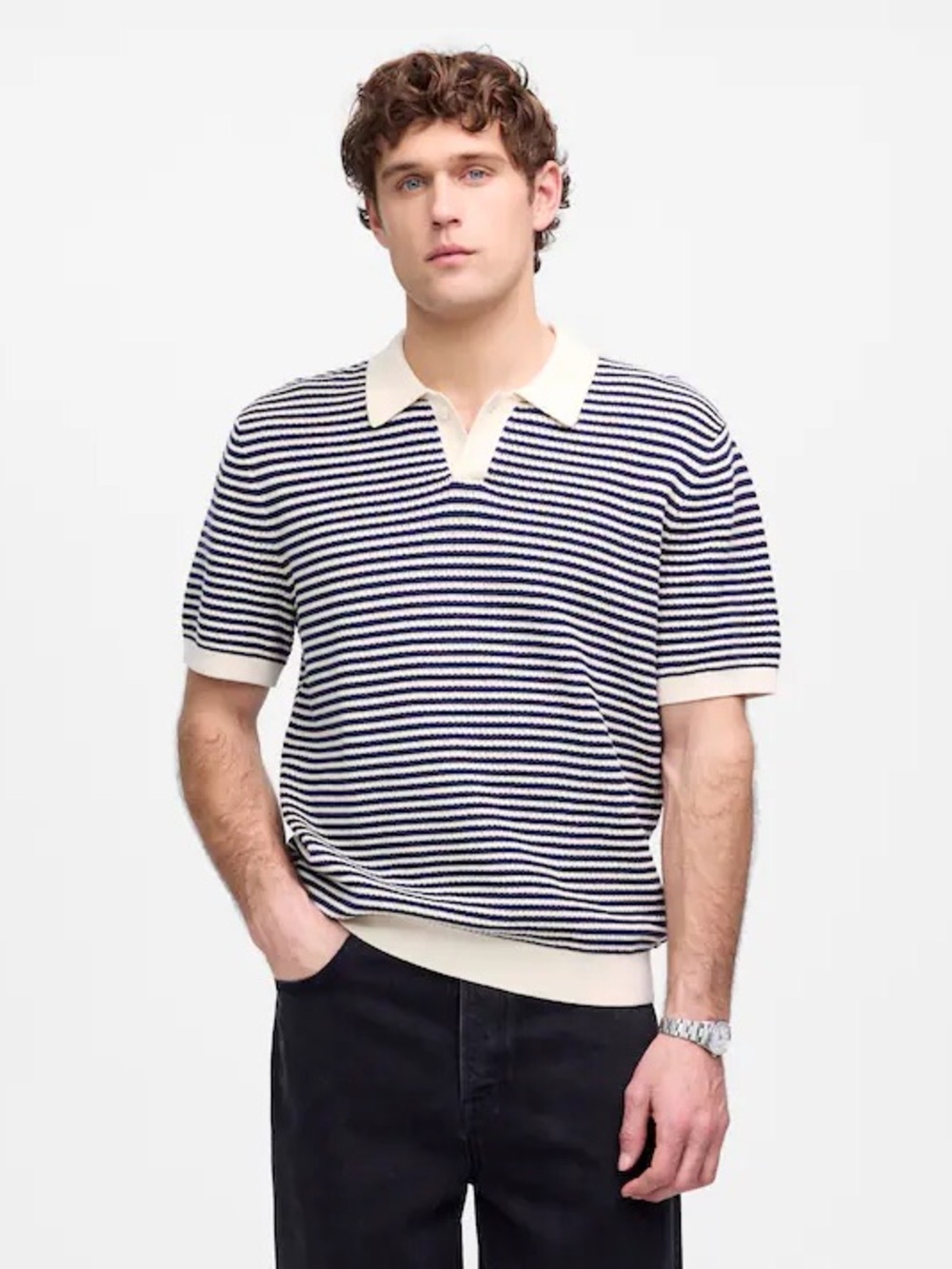 Madewell Pointelle Stitch Crochet Knit Navy & Cream Striped Sweater Polo M